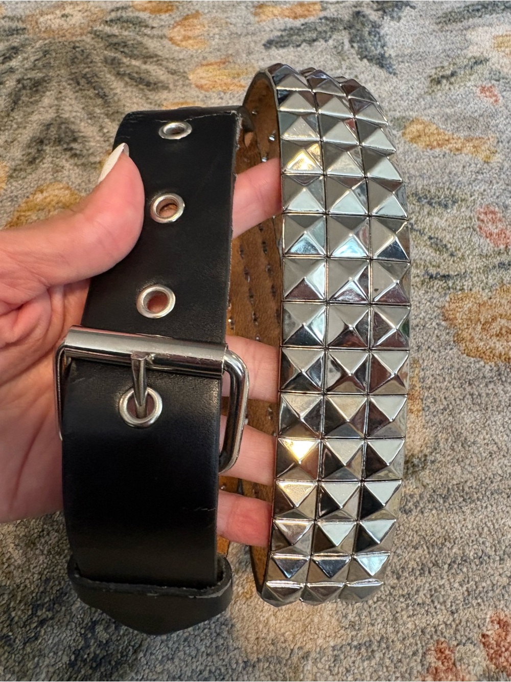 Y2K Black 3-Row Silver Pyramid Stud Belt Size Large